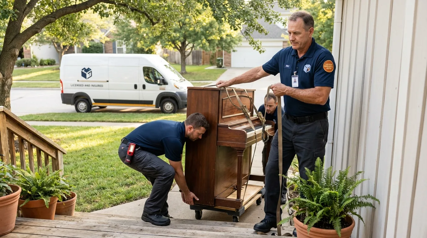 Licensed piano movers securing grand piano in Osceola, NE