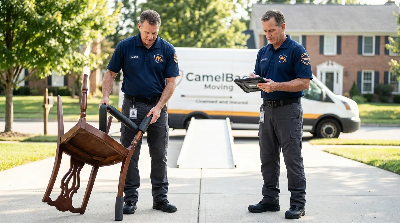 Movers inspecting furniture for damage prevention before loading in Osceola, NE