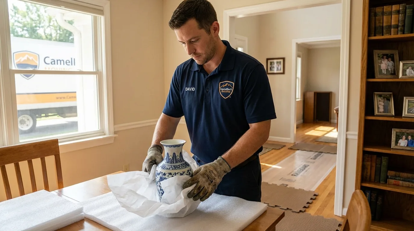 Professional crew carefully wrapping antique vase for senior downsizing move in Osceola, NE